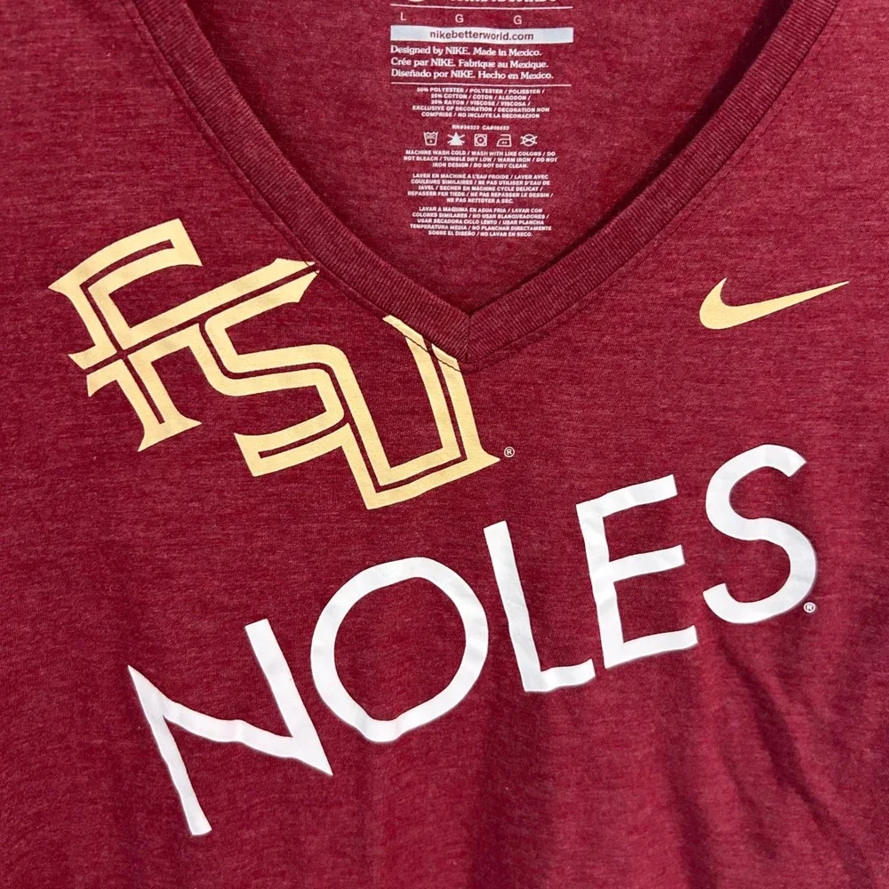 Nike FSU Seminoles Womens Large Slim Fit V-Neck T-Shirt Garnet Red Noles Logo